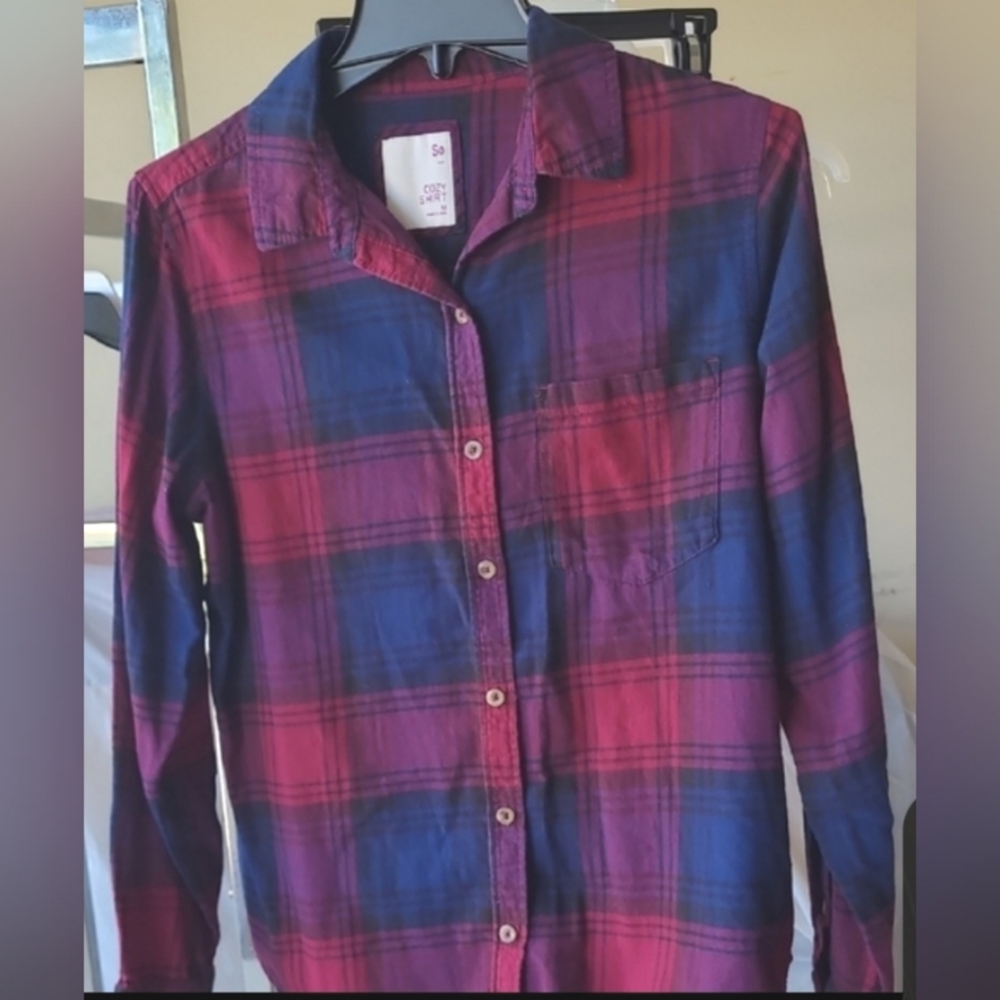 SO Burgundy and Blue Plaid Flannel Shirt